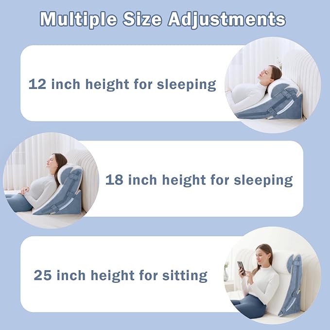 Bed Wedge Pillow for Sleeping, 12&18&25 Inch Adjustable Height Memory Foam Wedge Pillow for After Surgery, 12-in-1 Wedge Pillow for Acid Reflux, Snoring, Gerd, Back Pain