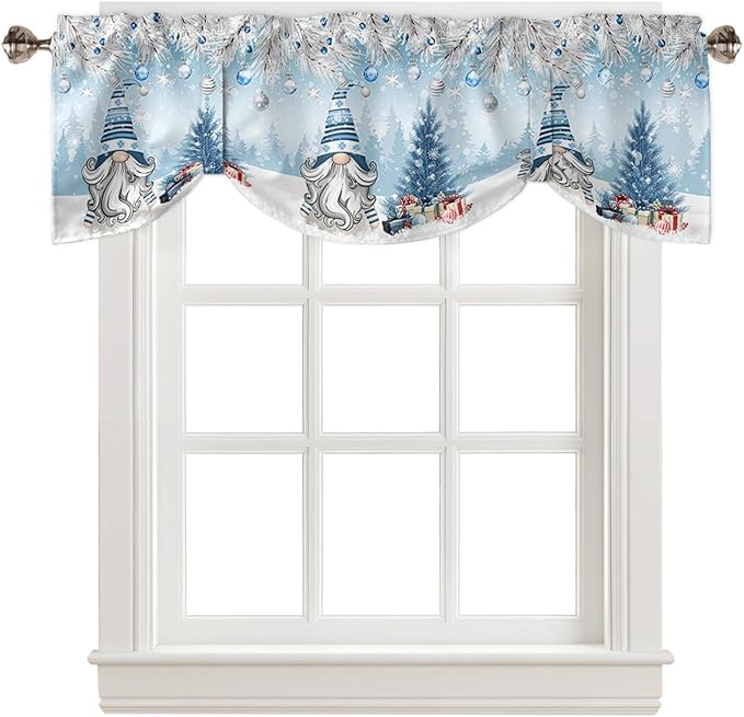 Christmas Gnome Blackout Tie Up Valance Curtains for Kitchen Windows Winter Merry Christmas Tree Balls Window Toppers Balloon Shades for Living Room/Bathroom/Bedroom,1 Panel, 60" X 18", Blue