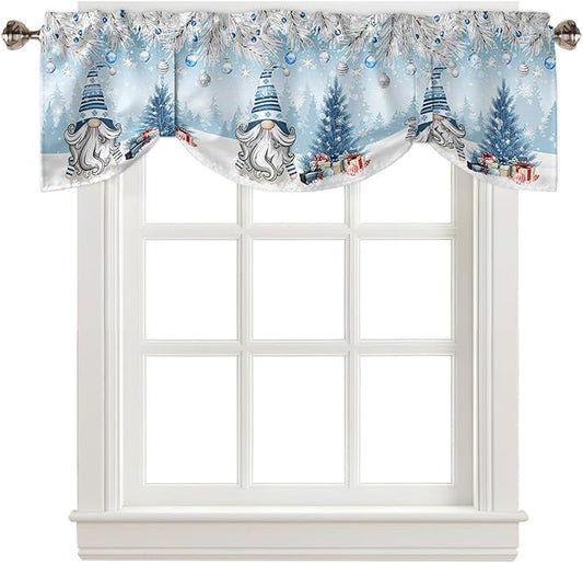 Christmas Gnome Blackout Tie Up Valance Curtains for Kitchen Windows Winter Merry Christmas Tree Balls Window Toppers Balloon Shades for Living Room/Bathroom/Bedroom,1 Panel, 42" X 18", Blue