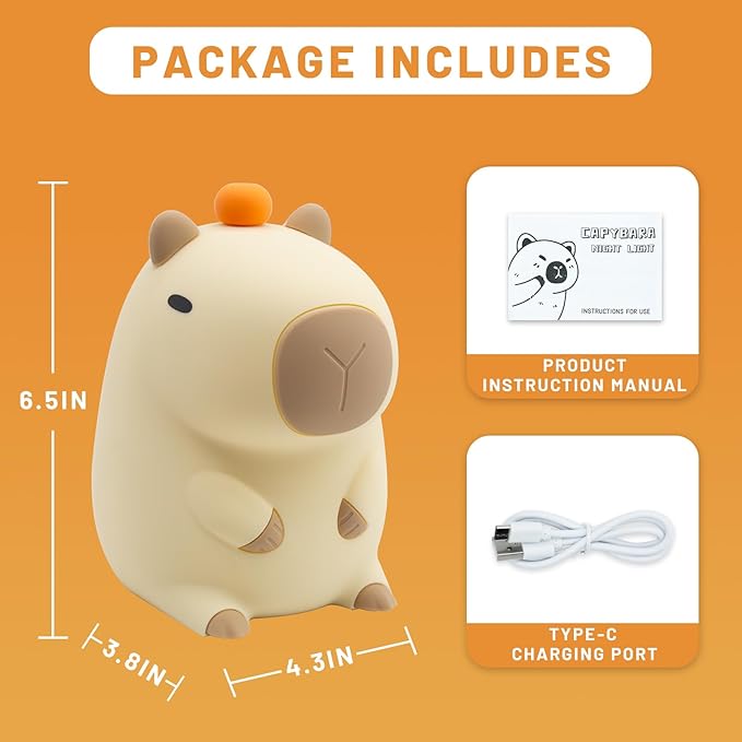 Night Light for Kids, Cute Capybara Silicone Night Lamp with 20min Timing Device, Rechargeable Lamps Touch Control Lamp, Tap Control, for Girls and Boys
