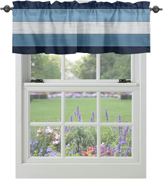 Farmhouse Kitchen Curtains Valances for Windows ,Navy Sky Blue White Rod Pocket Country Window Treatment for Kitchen /Living Room/Bedroom/ Bathroom,42" X 18" -1 Panel, Retro Rustic Barn Wood Texture