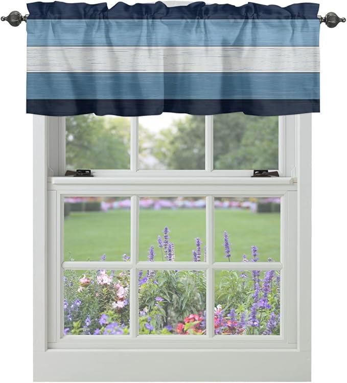 Farmhouse Kitchen Curtains Valances for Windows ,Navy Sky Blue White Rod Pocket Country Window Treatment for Kitchen /Living Room/Bedroom/ Bathroom,54" X 18" -1 Panel, Retro Rustic Barn Wood Texture