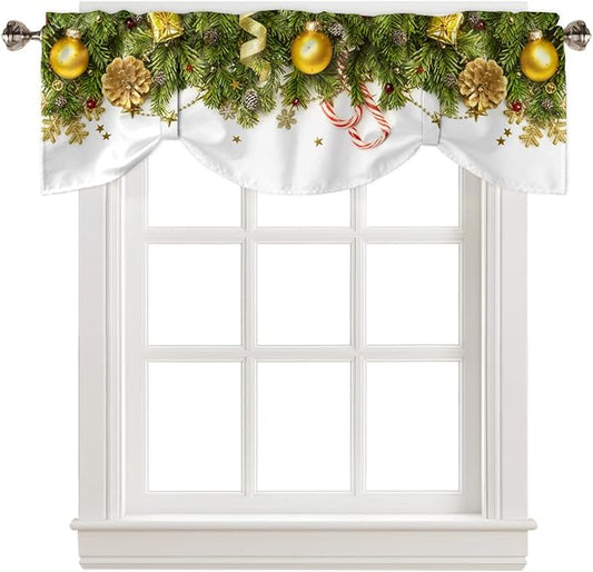 Christmas Blackout Tie Up Valance Curtains for Kitchen Windows Pine Cones Window Toppers Balloon Shades for Living Room/Bathroom/Bedroom,1 Panel,42" X 12" Golden Ornament Balls