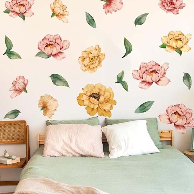 Floral Wall Decals Set - Vibrant Colors & Sizes - 2 Sheets of 30x90cm - Easy Peel & Stick for Home Decor