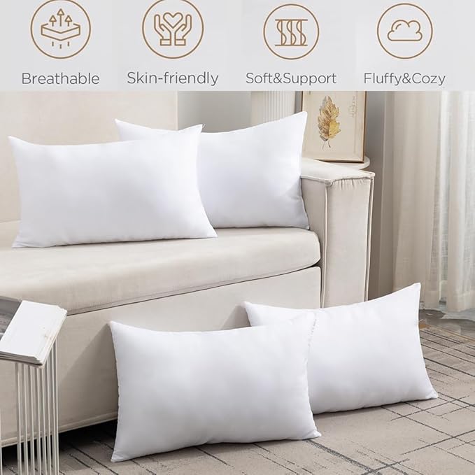 Pack of 4 Throw Pillow Inserts, 18 x 18 Square Cushion Inner Soft Fluffy Plump Stuffer Cushion Pads White Decorative Pillow Inserts (12x20 Inch (Pack of 4))