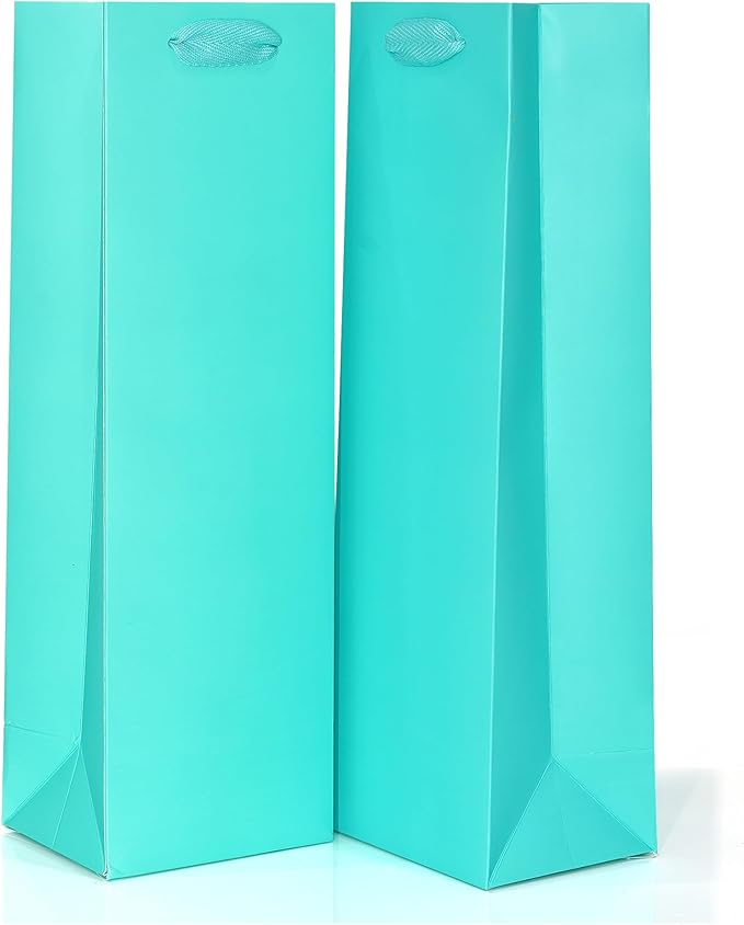 KEYYOOMY Wine Gift Bags - 10 Pack Teal Blue Kraft Paper Wine Bottle Gift Bags with Handles for Wedding Birthday Housewarming Christmas Party Supplies(10CT,13.8x4.3x3.5 IN,Teal Blue)