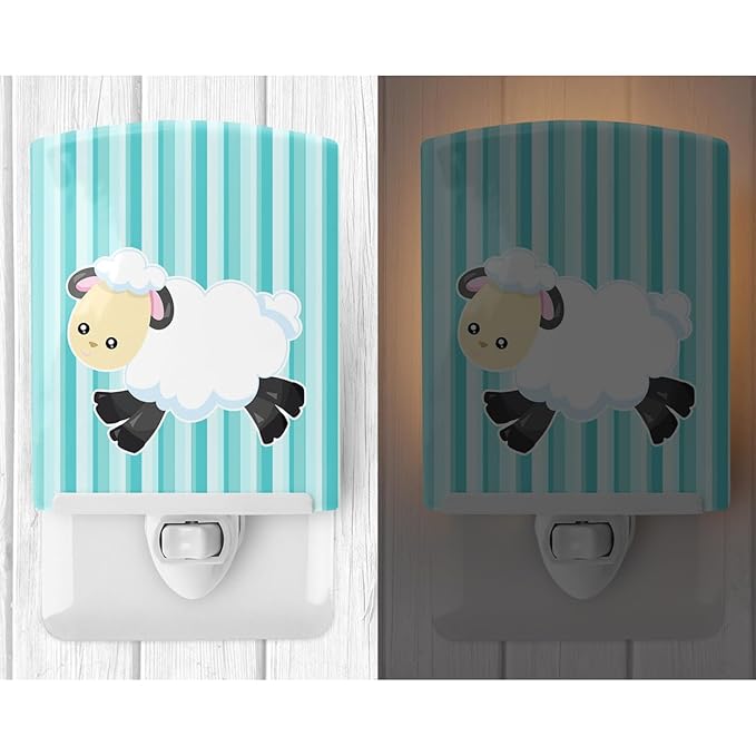 Caroline's Treasures BB6873CNL Sheep on Blue Stripes Ceramic Night Light Compact, UL-Certified, Ideal for Bedroom, Bathroom, Nursery, Hallway, Kitchen, 6x4x3, Multicolor