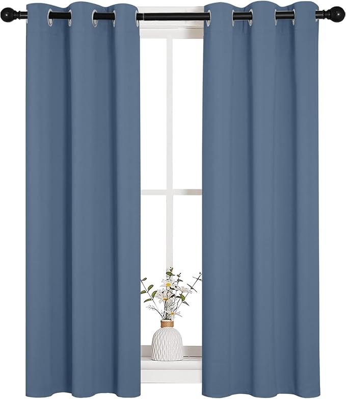 NICETOWN Thermal Insulated Curtains Blackout Draperies, Window Treatment Solid Grommet Room Darkening Drape Panels for Bedroom (Stone Blue, Set of 2, 29 by 45 inches Long)