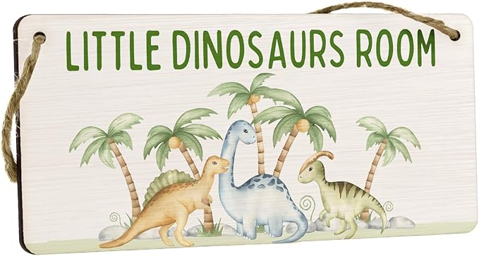 Dino Adventure Plywood Hanging Sign - Full Colour Kids Room Décor - Reads 'Little Dinosaurs Room' - Cute Dinosaur Theme Nursery & Door Sign, Silver