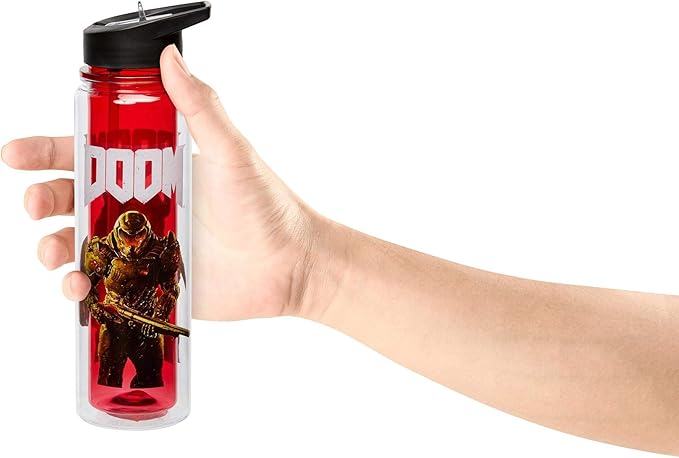JUST FUNKY Official DOOM Cyberdemon Double Wall Plastic Water Bottle - 16-Ounce Container with Lid for Water, Tea, Coffee - Insulated Drinking Cup for Travel, Hiking Running - Licensed Merchandise