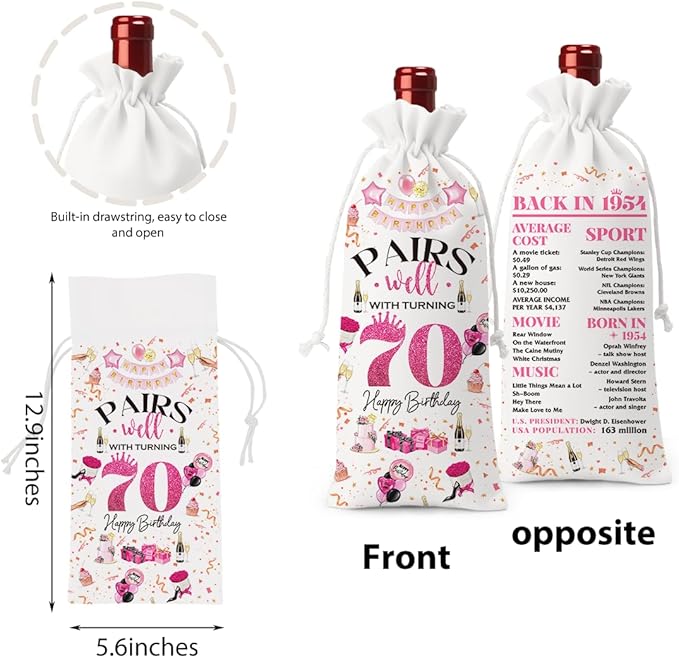 70th Birthday Gifts for Women Men Wine Bag, 70 Year Old Birthday Gifts for Woman Man, 70th Birthday Party Decorations Men for Women, Pairs Well with Turning 70 Wine Bags (White Pink)