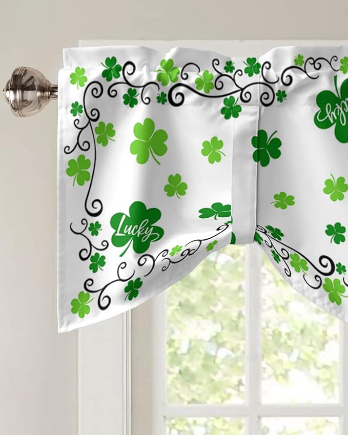 St. Patrick's Day Blackout Tie Up Valance Curtains for Kitchen Windows Green Shamrock Irish Clover Window Toppers Balloon Shades for Living Room/Bathroom/Bedroom,1 Panel, 60" X 18" Spring Holiday