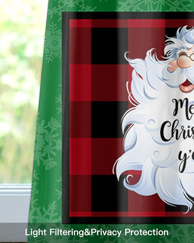 Merry Christmas Y'all Kitchen Curtains Valances for Windows Xmas Santa Claus Rod Pocket Window Treatment for Kitchen/Living Room/Bedroom/Bathroom,42" X 18" -1 Panel, Red Buffalo Plaid