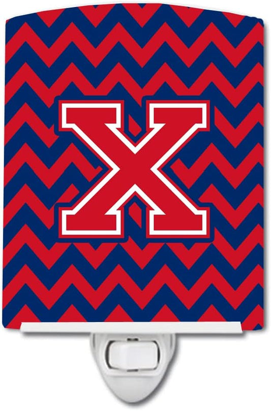 Caroline's Treasures CJ1054-XCNL Letter X Chevron Yale Blue and Crimson Ceramic Night Light Compact, UL-Certified, Ideal for Bedroom, Bathroom, Nursery, Hallway, Kitchen, 6x4x3, Multicolor