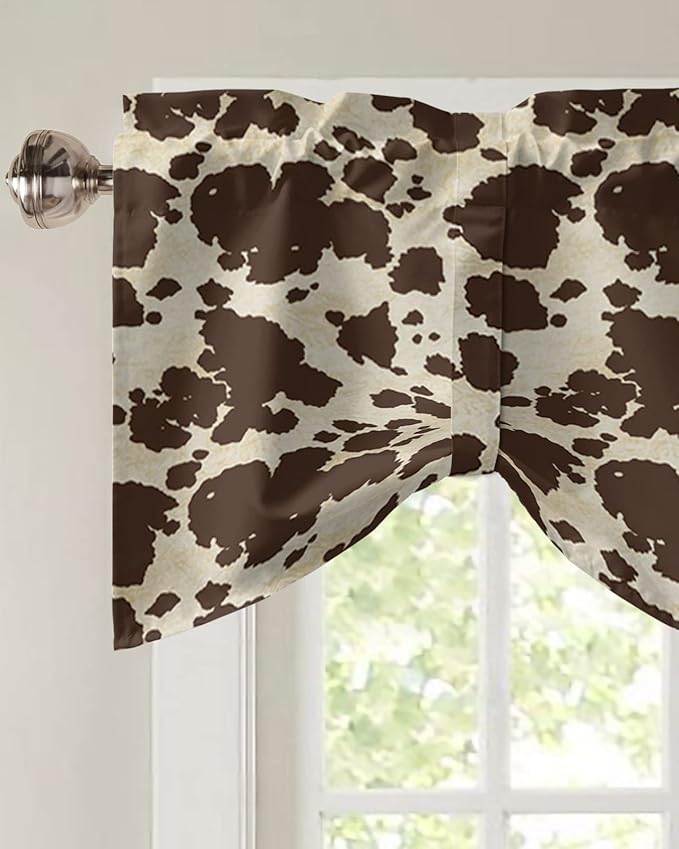 Brown Cowhide Cow Print Blackout Tie Up Valance Curtains for Kitchen Windows Graffie Window Toppers Balloon Shades for Living Room/Bathroom/Bedroom,1 Panel,54" X 18"