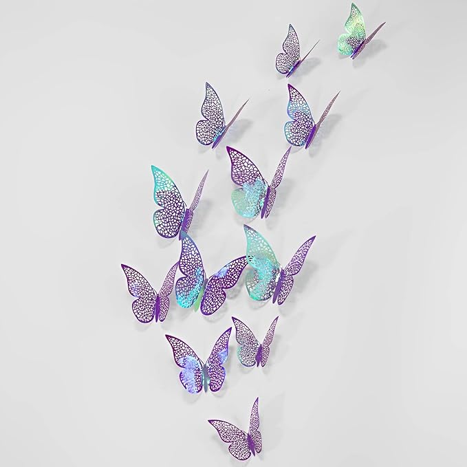 72Pcs 3D Butterfly Wall Decor 3 Sizes 3 Styles, Removable Butterfly Stickers Wall Decals, Butterfly Decorations Party Birthday Cake Decoration for Kids Nursery Wedding Bedroom Room(Purple)