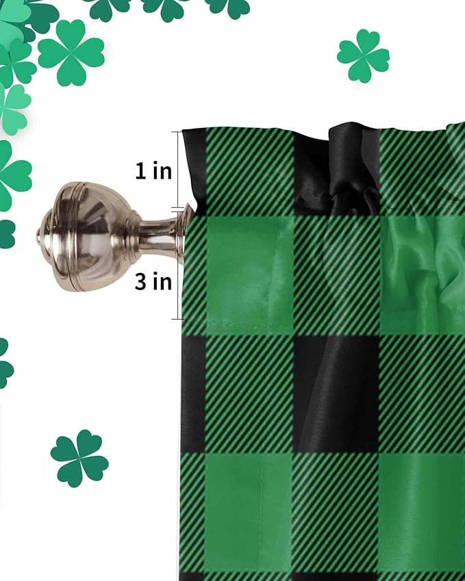 St. Patrick's Day Buffalo Plaid Kitchen Curtains Valances for Windows Lucky Shamrocks Clover Rod Pocket Window Treatment for Kitchen /Living Room/Bedroom/ Bathroom, 42" X 18", Rustic Green Black