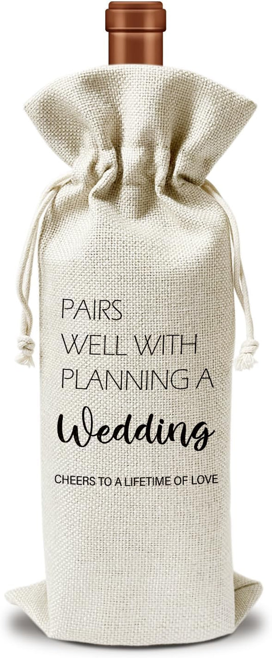 Engagement Wine Gift Bag, Engagement Gifts for Couples Newly Engaged, 1pcs Well with Wedding Planning Reusable Burlap Drawstring Wine Gifts Bag for Wine Bottles, Wedding Holiday Party Favor -09