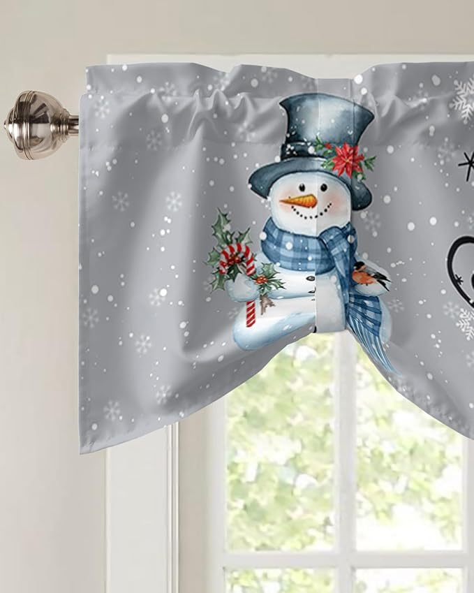 Snowman Christmas Blackout Tie Up Valance Curtains for Kitchen Windows Let It Snow Winter Holiday Window Toppers Balloon Shades for Living Room/Bathroom/Bedroom,1 Panel, 60" X 18", Grey White
