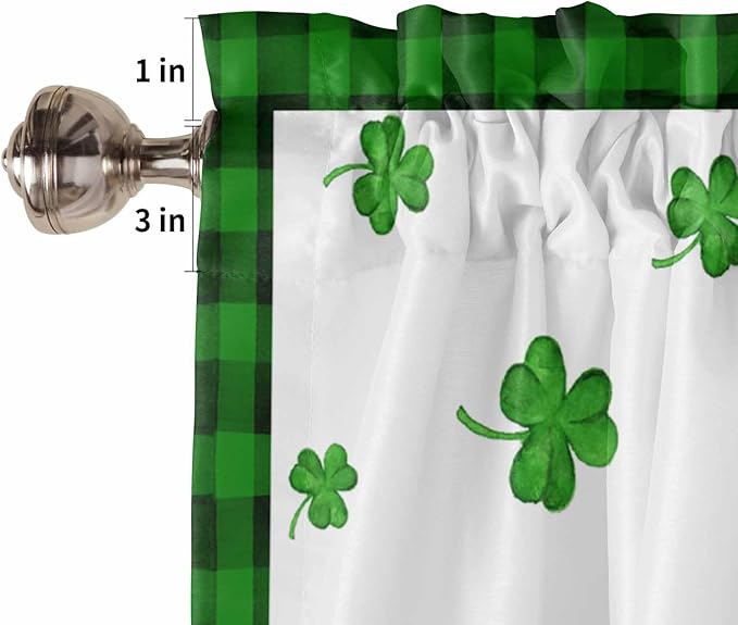 Gnome St. Patrick's Day Kitchen Curtains and Valances Set, Buffalo Plaid Shamrock Window Tiers Seasonal Spring Holiday Half/Short Curtains for Small Windows Cafe /Living Room/ Bedroom 54x24 in