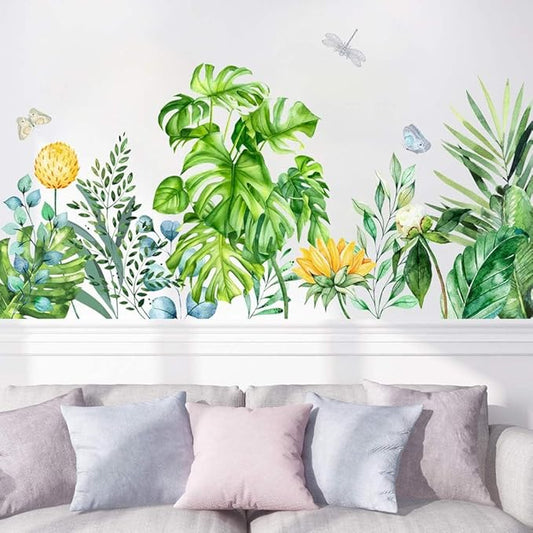 Boho Tropical Plants Wall Decals Peel and Stick Removable Art Wall Murals Natural Jungle Palm Leaf Green Wall Stickers Posters for Bedroom Bathroom Living Room TV Kitchen