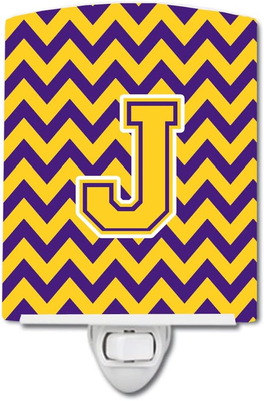 Caroline's Treasures CJ1041-JCNL Letter J Chevron Purple and Gold Ceramic Night Light Compact, UL-Certified, Ideal for Bedroom, Bathroom, Nursery, Hallway, Kitchen, 6x4x3, Multicolor