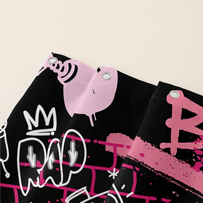 AILONEN Black Pink Graffiti Shower Curtains for Teens Girls,Hip-Hop Music Bath Shower for Bathroom,Polyester Waterproof with 12 Hooks,48" W*72" H Black Pink