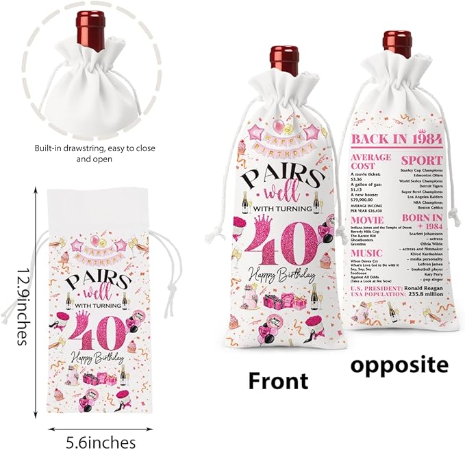 40th Birthday Gifts Women Men Wine Bag, 40 Year Old Birthday Gifts for Women Men, Happy 40th Birthday Party Decorations Woman Man, Pairs Well with Turning 40 Wine Bags (White Pink)