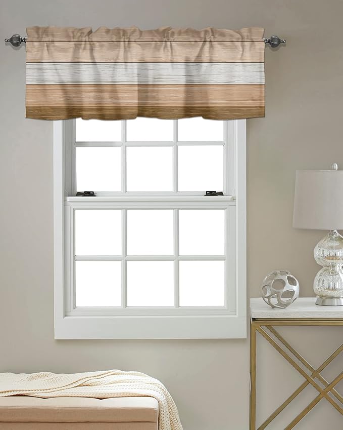 Farmhouse Kitchen Curtains Summer Fall Valances for Windows ,Brown Beach Fall Rod Pocket Country Window Treatment for Kitchen/Living Room/Bedroom/ Bathroom,42" X 12" -1 Panel, Rustic Barn Wood Texture