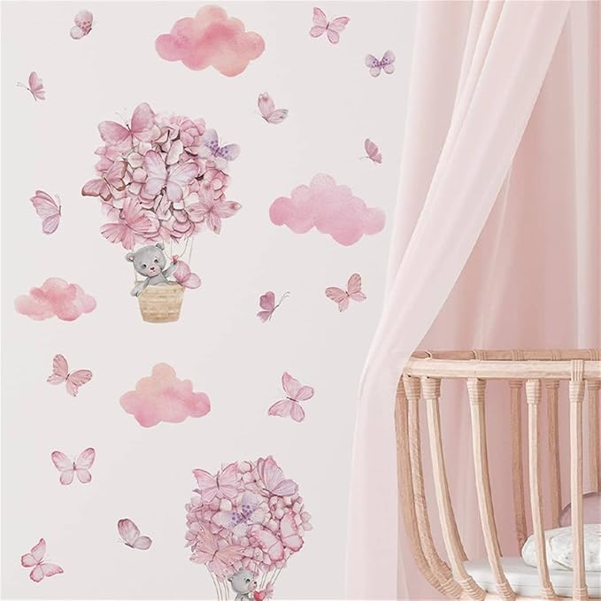 Bear Flower Butterfly Pink Clouds Wall Stickers for Girls Room Hot Air Balloon Baby Nursery Decor Wall Decal