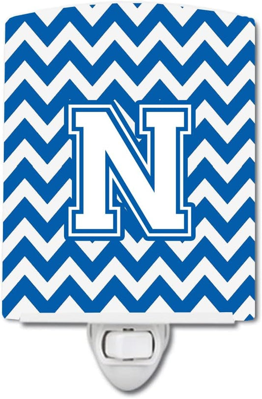 Caroline's Treasures CJ1045-NCNL Letter N Chevron Blue and White Ceramic Night Light Compact, UL-Certified, Ideal for Bedroom, Bathroom, Nursery, Hallway, Kitchen, 6x4x3, Multicolor