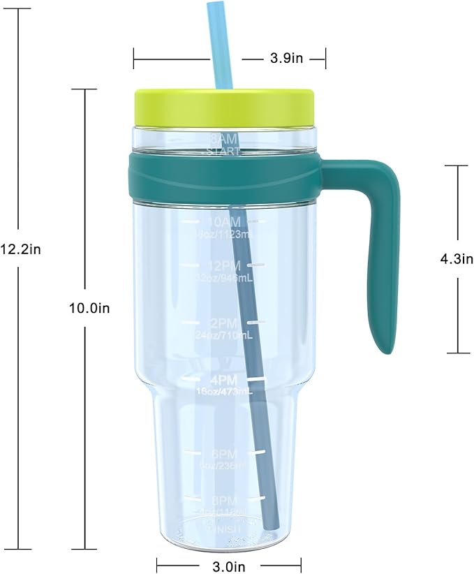 Tronco 50 oz Tritan Plastic Tumbler with Lid and Straw, BPA-Free Reusable Clear Water Bottle with Time Marker, 100% Leak Proof & Wide Mouth for Iced Coffee, Juice, Bubble Tea, Smoothies