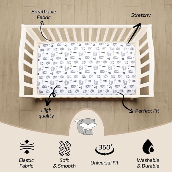 4 Pack Woodland Forest Animals Wood Neutral Unisex Fitted Baby Crib Sheets Set for Baby Boys or Girls Black and White