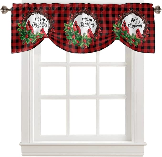 Merry Christmas Blackout Tie Up Valance Curtains for Kitchen Windows Winter Cardinal Holly Berries Window Toppers Balloon Shades for Living Room/Bathroom/Bedroom,1 Panel,60" X 18" Red Black Plaid
