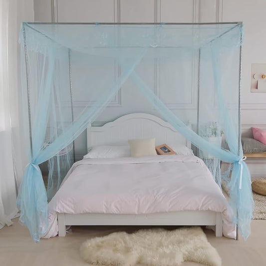 Bed Canopy, Princess Bed Curtain Net for Girls & Adults, Three-Doors Rectangular Lace Dome Netting (Blue, King)