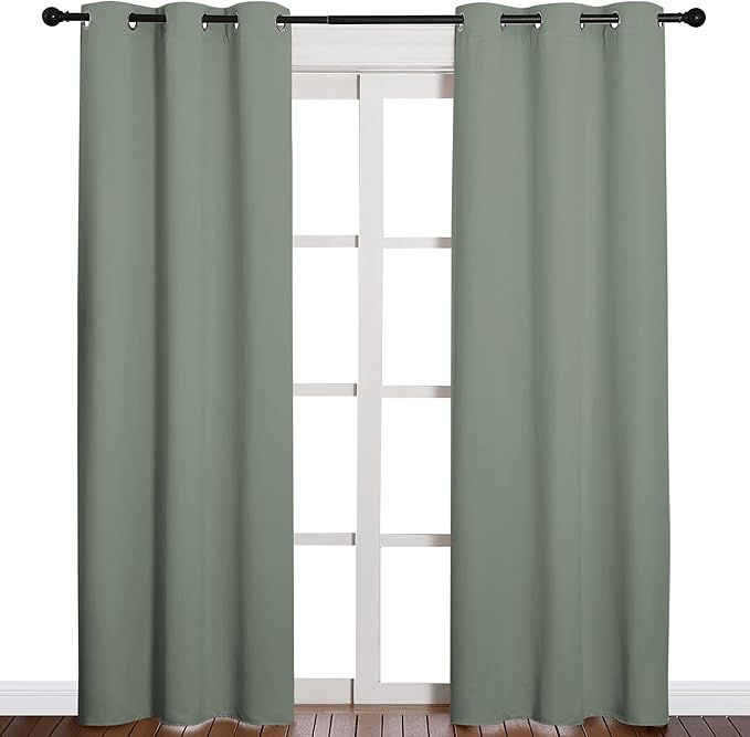 NICETOWN 84 inches Blackout Curtains for Office and Theater, Thermal Insulated Solid Grommet Drapes for Living Room (Greyish Green, 1 Pair, 42 inches Wide)