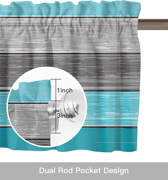Farmhouse Kitchen Curtains Valances for Windows , Aqua Blue Gray Rod Pocket Country Window Treatment for Kitchen /Living Room/Bedroom/ Bathroom,42" X 12" -1 Panel, Retro Rustic Barn Wood Texture