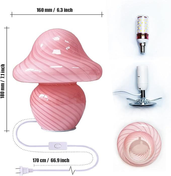 Mushroom Lamp, Small Pink Table Lamp with Striped Glass, Cute Little Swirl Nightstand Lamp for Bedroom, Bedside, Living Room, Gift for Girls Women Birthday Christmas Thanksgiving Day