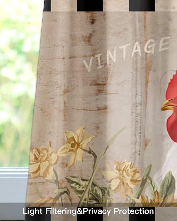 Farmhouse Kitchen Curtains Valances for Windows Sunflower Vintage Farm Chicken Rod Pocket Window Treatment for Kitchen/Living Room/Bedroom/Bathroom,60" X 18" -1 Panel, Black White Plaid