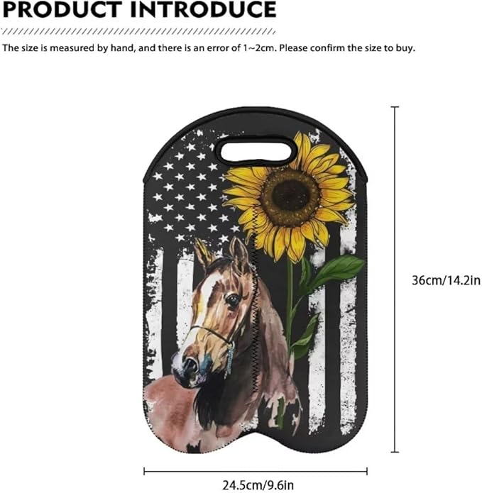 doginthehole Horse Wine Bag Double Wine Carry Bag Reusable Neoprene Wine Tote Insulated Bag American Flag Sunflower Print Wine Accessories Gift for Women Champagne Carrier Bag