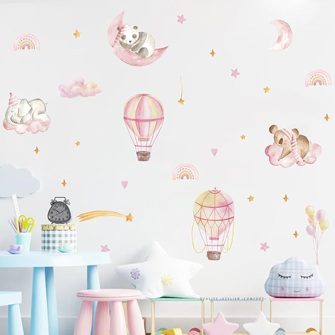 Pink Hot Air Balloon Elephant Panda Rainbow Wall Decals The Moon and Stars Nursery Wall Stickers Baby Girl Room Wall Decor