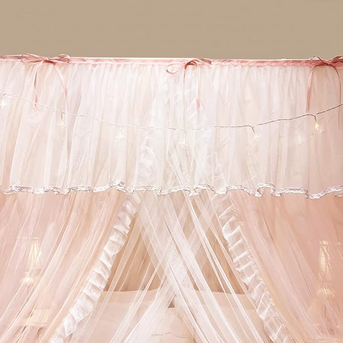 Mengersi Canopy Bed Curtains with Lights,4 Corner Bed Canopy Royal Luxurious Bed Drapes Netting,Princess Bed Curtains for Girls Adults Bedroom Decoration (Peach, Full)