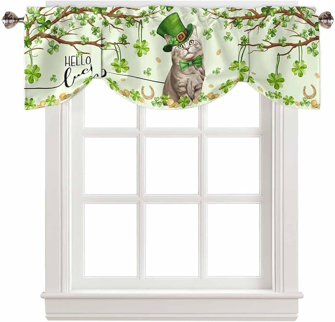 Lucky Cat St. Patrick's Day Blackout Tie Up Valance Curtains for Kitchen Windows Green Spring Shamrocks Tree Window Toppers Balloon Shades for Living Room/Bathroom/Bedroom,1 Panel, 42" X 18"
