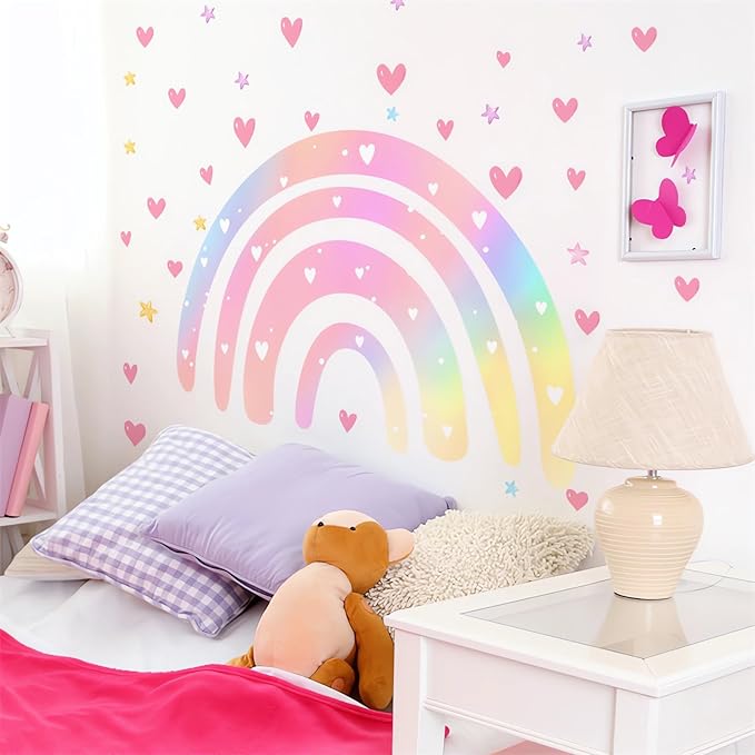 Pink Rainbow Love Heart Stars Wall Sticker Wall Stickers, sacinora Large Dazzle Art DIY Wall Decals Removable Vinyl Peel and Stick for Kids Baby Nursery Bedroom Playroom Kindergarten Home Decorations