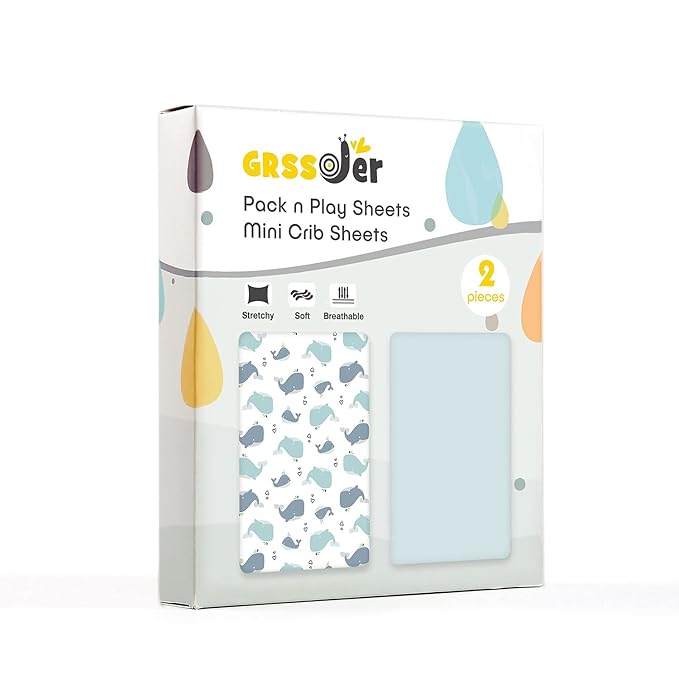 GRSSDER Stretchy Ultra Soft Jersey Knit Fitted Pack n Play Sheets Set 2 Pack, Portable/Mini Cribs Playards Sheets, Universal Fitted Pack and Play Mattress Sheets, Lovely Whale for Girls and Boys