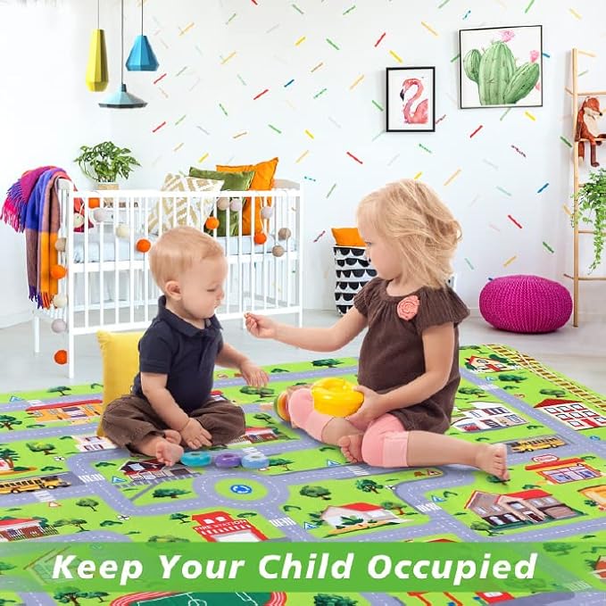 Kids Playmat Car Rug Educational Car Rugs Extra Large City Life Play Mat for Bedroom Play Room Game Area Non Slip Kids Foam Rug Playtime Activity Mat for Toddler Baby Boys and Girls 8 x 10