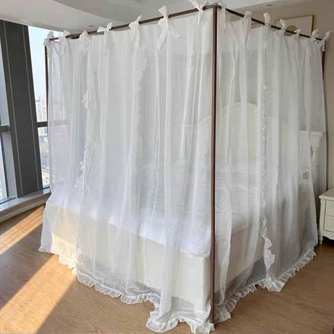 Elegant Modern Linen-Sheer Princess 4 Corner Post Mosquito Net Romantic for Girls Women Bed Curtain Canopy for Adult Wedding Bedroom Kids Rooms Decoration (Type4-White, California King)
