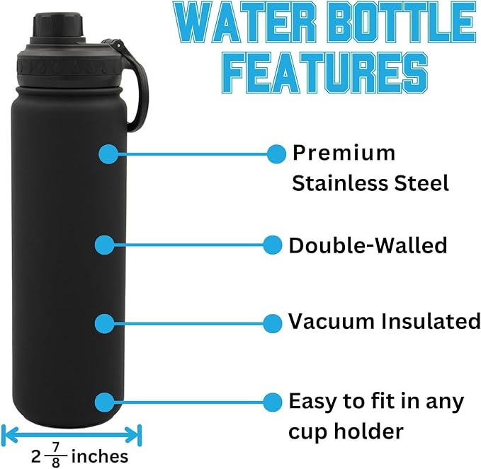 Iowa Hawkeyes Water Bottle - Black Double Walled Stainless Steel 24 oz Keeps Drinks Cold or Hot