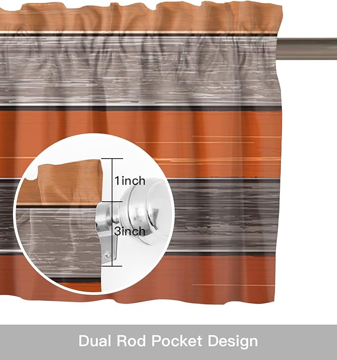Farmhouse Kitchen Curtains Thanksgiving Fall Valances for Windows Burnt Orange Gray Rod Pocket Country Window Treatment for Kitchen /Living Room/Bedroom/ Bath,42" X 12" -1 Panel, Rustic Wood Texture