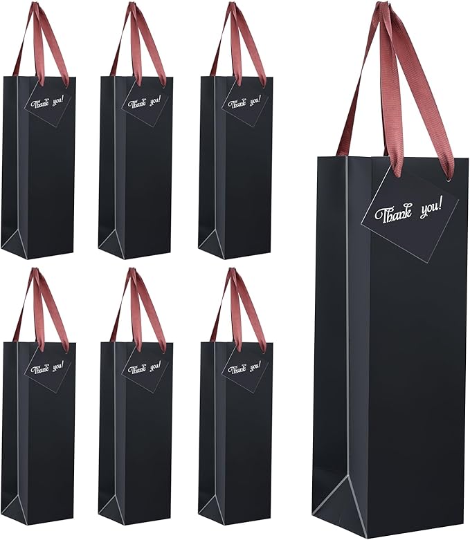 Wine Bags, 6 Packs, Strong Card Paper Wine Gift Bag with Ribbon Handles and Thank You Card, 4-3/8x 4 x 14" Fit 750ml Wine Bottle or Champagnes - Black 6